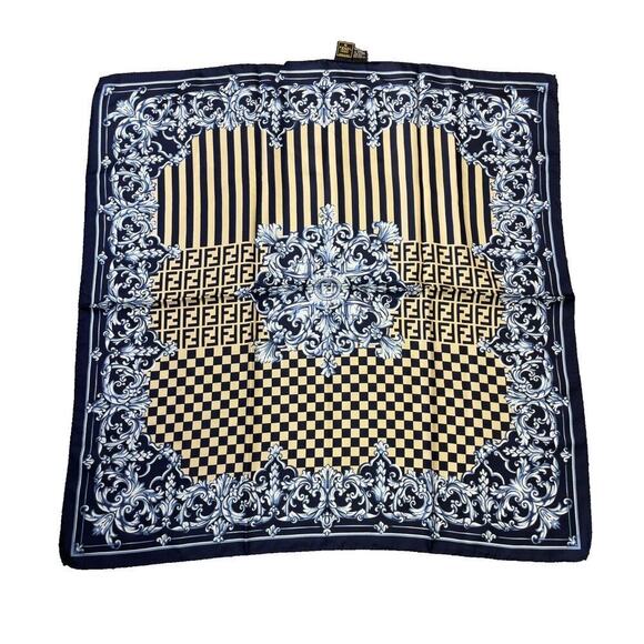 Fendi Classic Patterns Navy x Black x Beige Silk Scarf